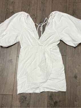 White Puff Sleeve Wrap Mini Dress